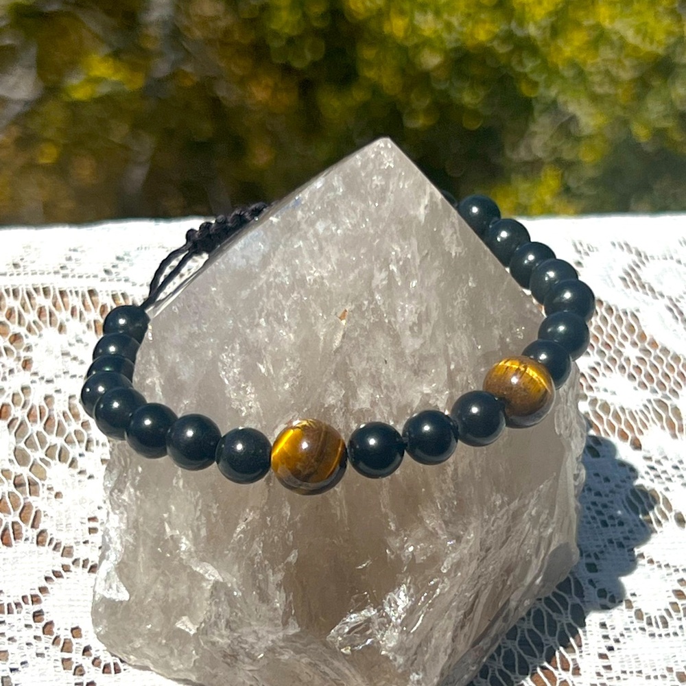 HM093 Obsidian & Tigers Eye Bracelet Adjustable macrame closure